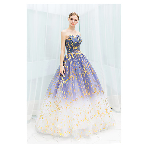 

Ball Gown Sparkle Blue Quinceanera Prom Dress Strapless Sleeveless Floor Length Tulle with Sequin Pattern / Print 2020