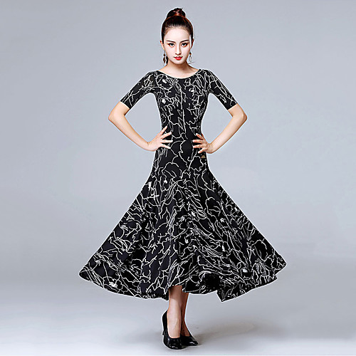 

Ballroom Dance Dress Split Joint Women's Training Performance Short Sleeve Spandex