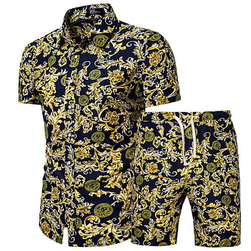 

Men's Set Graphic Geometric Plus Size Print Short Sleeve Athleisure Tops Basic Boho Yellow