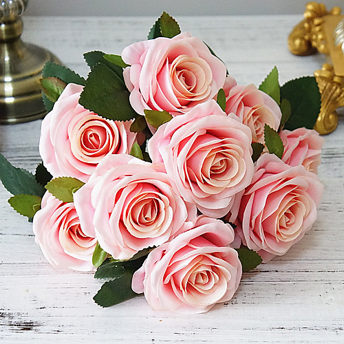 

Artificial Flowers Rose Bouquet Fake Flowers Silk Plastic Artificial Roses 10 Heads Bridal Wedding Bouquet for Home Garden Party Wedding Decoration