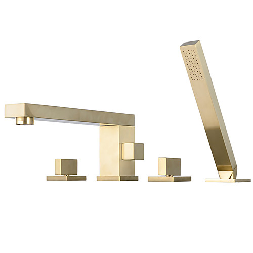 

Shower Faucet / Bathtub Faucet - Contemporary Brushed Gold Widespread Ceramic Valve Bath Shower Mixer Taps / Two Handles Four Holes