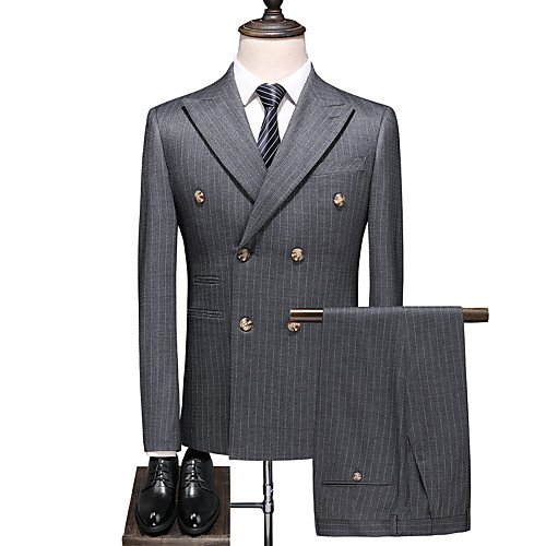 

Gray Striped Standard Fit Polyester Suit - Peak Double Breasted Four-buttons / Suits