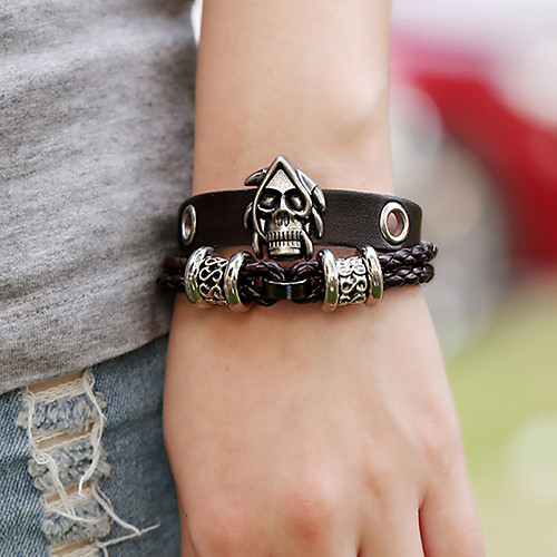 

Men's Wrap Bracelet Vintage Bracelet Earrings / Bracelet Layered Skull Classic Vintage Ethnic Fashion Boho Cord Bracelet Jewelry Black / Brown For Daily School Street Holiday Festival / Leather
