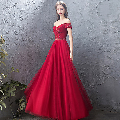 

A-Line Elegant Sparkle & Shine Prom Dress Off Shoulder Short Sleeve Floor Length Tulle with Sash / Ribbon Beading Sequin 2021