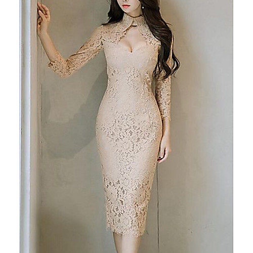 

Women's Bodycon Short Mini Dress Khaki 3/4 Length Sleeve Solid Colored Fall Spring Crew Neck Cotton Lace S M L XL