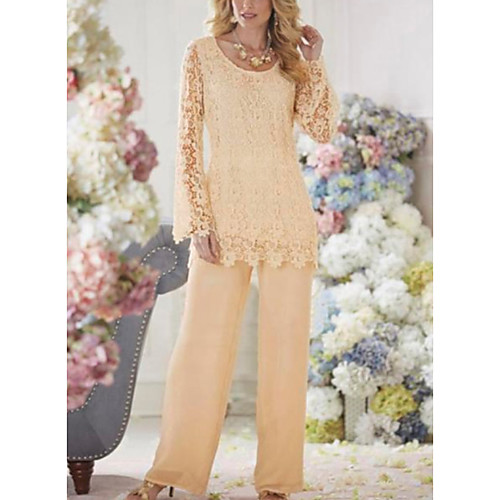 

Two Piece Pantsuit / Jumpsuit Mother of the Bride Dress Plus Size Scoop Neck Ankle Length Chiffon Lace Long Sleeve with Lace 2021