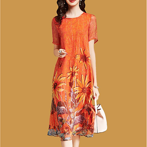 

Women's Shift Dress - Short Sleeve Floral Print Print Casual Going out Belt Not Included Orange M L XL XXL XXXL XXXXL