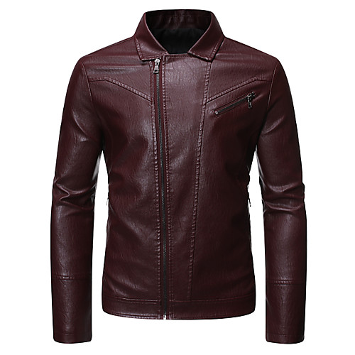 

Men's Solid Colored Basic Spring & Fall Faux Leather Jacket Regular Daily Long Sleeve PU Coat Tops Black