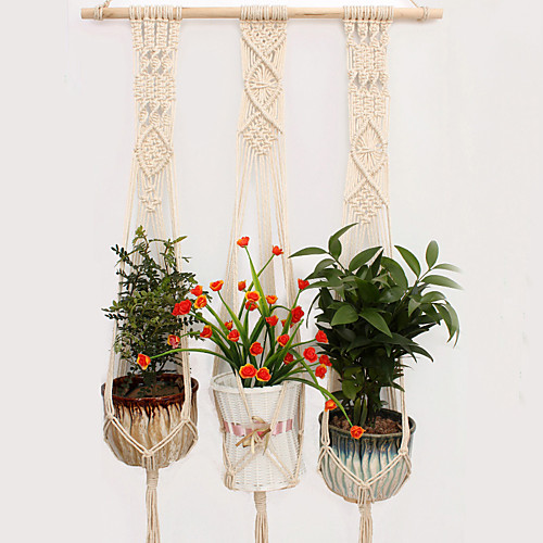 

Macrame Plant Hanger Indoor Outdoor Hand Knit Hanging Planter Wood Stick Basket Wall Art