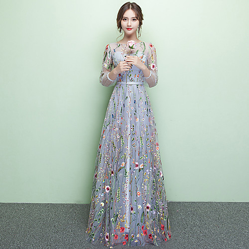 

A-Line Elegant Sparkle & Shine Formal Evening Dress Jewel Neck 3/4 Length Sleeve Floor Length Lace with Embroidery 2021