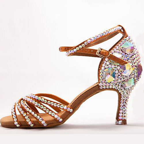 

Women's Dance Shoes Satin Latin Shoes Buckle / Crystals / Crystal / Rhinestone Heel Flared Heel Black / Brown / White / Performance