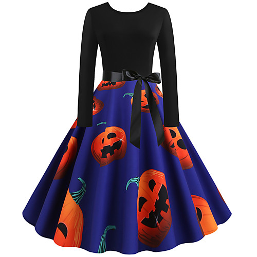 

Women's Swing Dress Knee Length Dress White Black Blue Blushing Pink Light Blue Long Sleeve Print Patchwork Print Fall Spring Round Neck Elegant Vintage 2021 S M L XL XXL