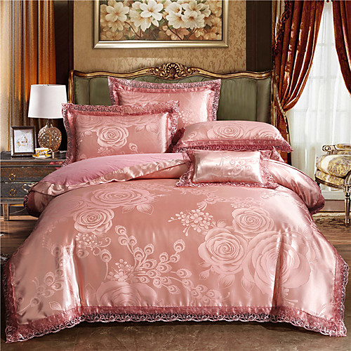 

Luxury Bedding Sets Pink Rose Duvet Cover Sets 4 Piece Satin Embroidery Duvet Cover Set Luxury European Neoclassical Style (1 Duvet Cover, 1 Flat Sheet, 2 Shams)