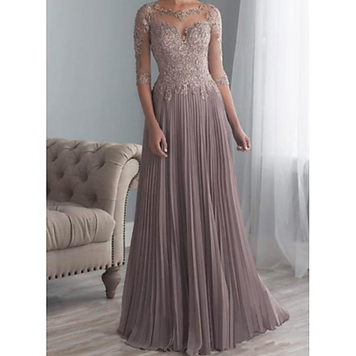 

A-Line Mother of the Bride Dress Elegant Plus Size See Through Bateau Neck Sweep / Brush Train Chiffon Lace Half Sleeve with Sash / Ribbon Appliques 2020