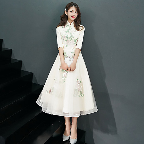 

A-Line White Vintage Engagement Cocktail Party Dress High Neck Half Sleeve Tea Length Tulle with Appliques 2021