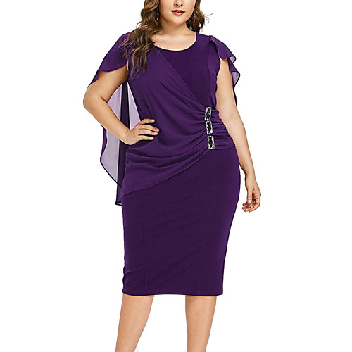 

Women's Plus Size Knee Length Dress Sheath Dress - Short Sleeve Solid Colored Pleated Patchwork Elegant Sophisticated Belt Not Included Wine Black Purple XL XXL XXXL XXXXL XXXXXL