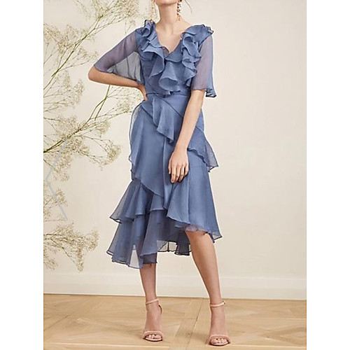 

A-Line Elegant Open Back Holiday Cocktail Party Dress V Neck Short Sleeve Asymmetrical Chiffon with Pleats Cascading Ruffles 2021