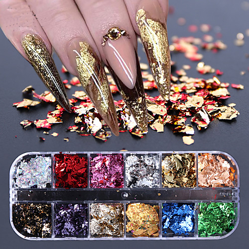 

12 Grid Nail Sequins Paillette Aluminum Irregular Flakes Gold Silver Pigment Nail Art Decoration Mirror Glitter Foil Paper