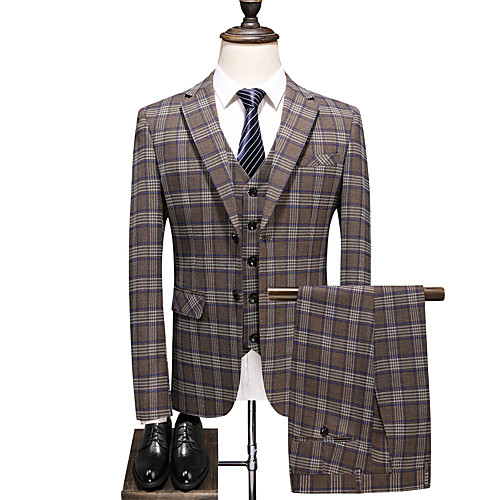

Khaki Checkered Standard Fit Polyester Suit - Notch Single Breasted Two-buttons / Suits