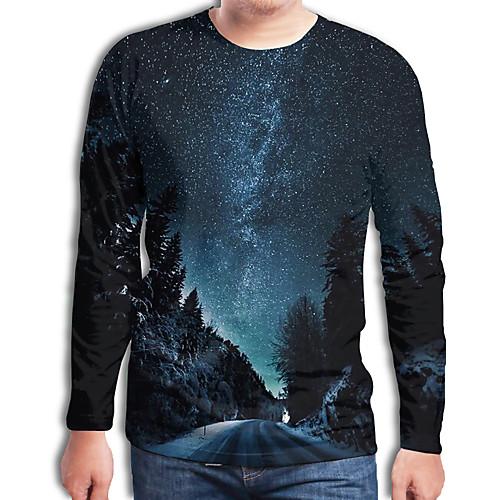

Men's Plus Size Galaxy 3D Black & White Print T-shirt Street chic Exaggerated Daily Round Neck Blue / Spring / Fall / Long Sleeve