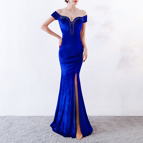 

Mermaid / Trumpet Sexy Engagement Formal Evening Dress Off Shoulder Short Sleeve Floor Length Velvet with Beading Split 2021