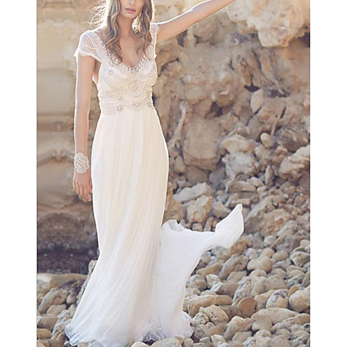 

A-Line Wedding Dresses V Neck Sweep / Brush Train Chiffon Lace Short Sleeve Beach Illusion Detail with Beading Draping 2021