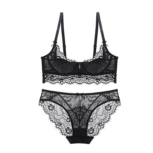 

Women's Push-up Lace Bras Underwire Bra 3/4 Cup Bra & Panty Set Lace Embroidered Black Wine Green