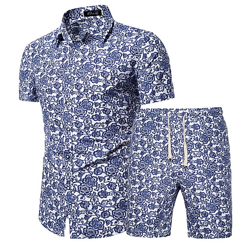 

Men's Plus Size Geometric Graphic Print Set - Cotton Basic Boho Vacation Going out Casual / Daily Classic Collar Blue / Short Sleeve / Beach