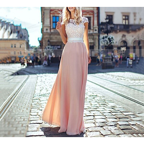 

Women's Maxi Dusty Rose Chiffon Dress - Short Sleeve Color Block Lace Backless Spring & Summer Boho Belt Not Included 2020 Purple Yellow Blushing Pink Green Light Blue S M L XL