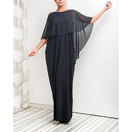

Sheath / Column Elegant Wedding Guest Formal Evening Dress Boat Neck Half Sleeve Floor Length Chiffon with Draping 2021