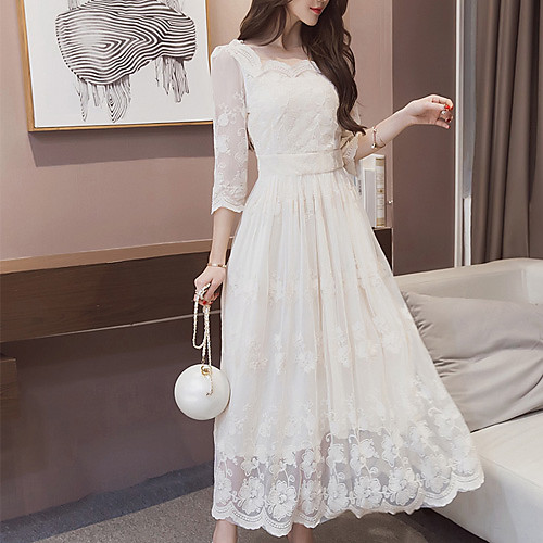 

Women's Maxi long Dress White Loose - Long Sleeve Solid Colored Spring Daily White Beige S M L XL