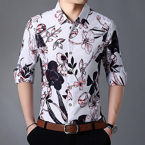 

Men's Floral Color Block Shirt Basic Elegant Daily Weekend White / Black / Red / Long Sleeve