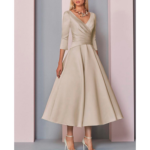 

A-Line Mother of the Bride Dress Elegant Vintage Plus Size V Neck Tea Length Satin 3/4 Length Sleeve with Pleats 2020