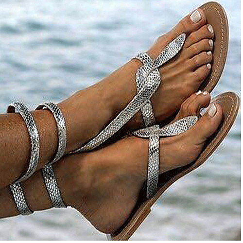 

Women's Sandals Boho / Beach Flat Sandal Summer Flat Heel Round Toe Daily Solid Colored PU Gold / Silver