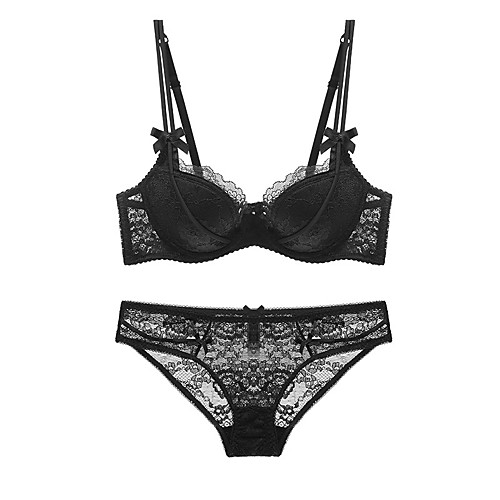 

Women's Push-up Lace Bras Underwire Bra 3/4 Cup Bra & Panty Set Lace Embroidered Black Blushing Pink Wine