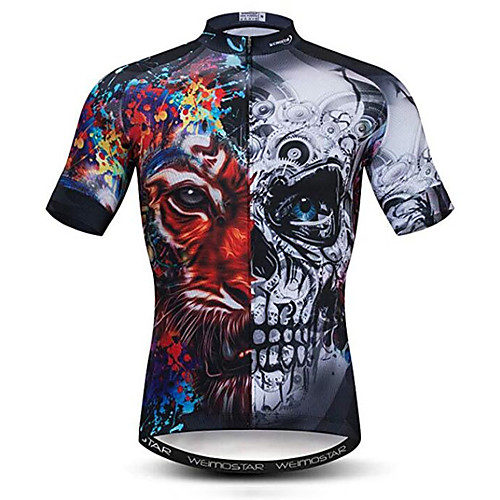 

21Grams 3D Skull Tiger Men's Short Sleeve Cycling Jersey - Black / White Bike Jersey Top Breathable Quick Dry Moisture Wicking Sports Elastane Polyester Mountain Bike MTB Road Bike Cycling Clothing