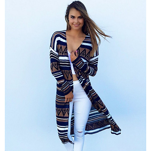 

Women's Striped Trench Coat Long Daily Long Sleeve Polyester Coat Tops Blue