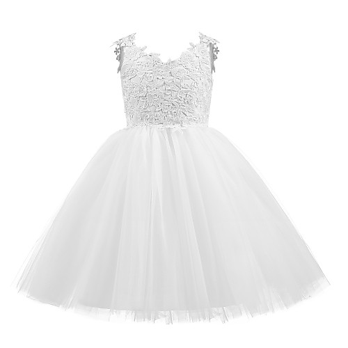 

Princess Short Length Wedding / First Communion / Birthday Flower Girl Dresses - Taffeta / Tulle Sleeveless V Neck with Bow(s) / Appliques