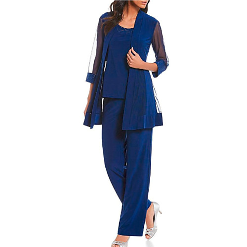 

Pantsuit / Jumpsuit Mother of the Bride Dress Plus Size Wrap Included Jewel Neck Ankle Length Chiffon Half Sleeve with Lace 2021