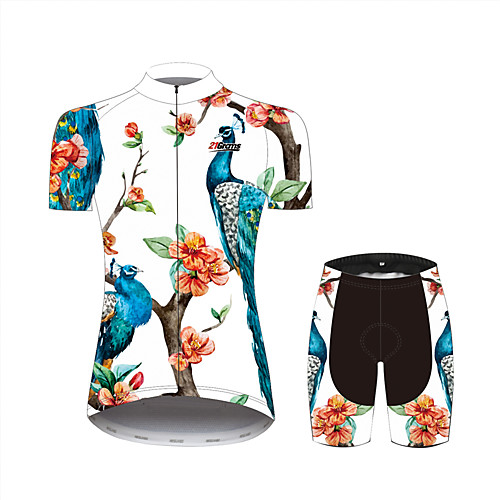 

21Grams Floral Botanical Peacock Women's Short Sleeve Cycling Jersey with Shorts - Black / White Bike Clothing Suit Breathable Moisture Wicking Quick Dry Sports 100% Polyester Mountain Bike MTB