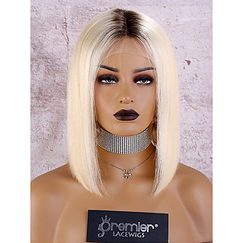 

Virgin Human Hair Lace Front Wig Deep Parting style Brazilian Hair Silky Straight Blonde Wig 150% Density with Baby Hair Color Gradient African American Wig with Clip With Bleached Knots Women's Short