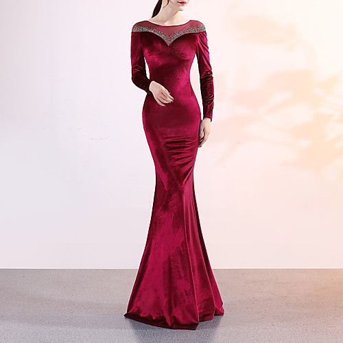 

Mermaid / Trumpet Elegant & Luxurious Sexy Formal Evening Dress Jewel Neck Long Sleeve Sweep / Brush Train Velvet with Crystals 2021