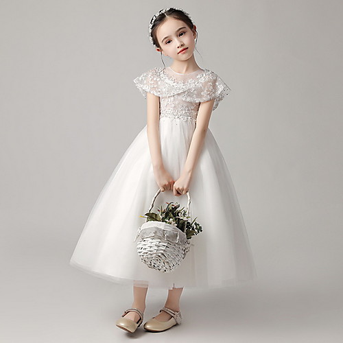 

Princess Ankle Length Party / Pageant Flower Girl Dresses - Polyester Short Sleeve Jewel Neck with Lace