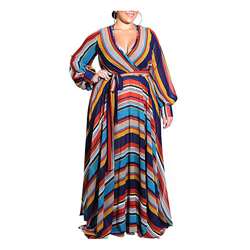 

Women's Shift Dress Maxi long Dress Blue Orange Navy Blue Long Sleeve Striped Deep V Boho L XL XXL 3XL 4XL 5XL 6XL / Plus Size