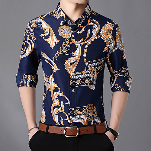 

Men's Shirt Floral Color Block 3D Long Sleeve Daily Tops Basic Elegant Navy Blue