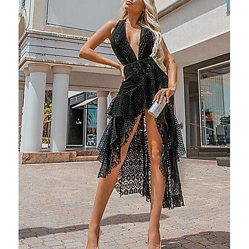 

Women's Short Mini Dress A-Line Dress - Sleeveless Solid Color Lace Deep V Elegant Sexy Party Homecoming Black S M L XL