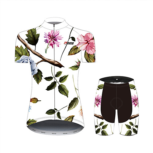 

21Grams Floral Botanical Hawaii Women's Short Sleeve Cycling Jersey with Shorts - Black / White Bike Clothing Suit Breathable Moisture Wicking Quick Dry Sports 100% Polyester Mountain Bike MTB