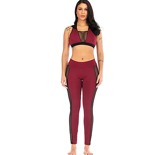 

Women's Yoga Suit Winter See Through Solid Color Black Burgundy Mesh Yoga Fitness Gym Workout Leggings Bra Top Clothing Suit Sleeveless Sport Activewear Butt Lift Breathable Quick Dry Moisture Wicking