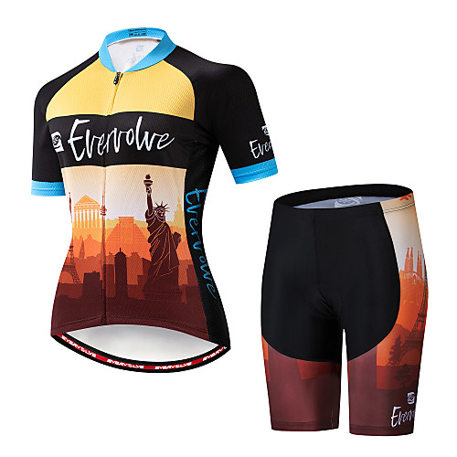 

EVERVOLVE Women's Short Sleeve Cycling Jersey with Shorts Dark Purple Pink Orange / Black Statue Of Liberty Bike Clothing Suit Breathable Moisture Wicking Quick Dry Anatomic Design Sports Cotton Lycra