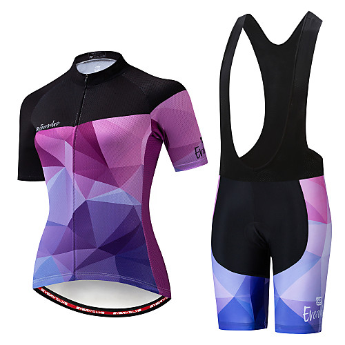 

EVERVOLVE Women's Short Sleeve Cycling Jersey with Bib Shorts Black White Bike Clothing Suit Breathable Moisture Wicking Quick Dry Anatomic Design Sports Cotton Lycra Geometry Mountain Bike MTB Road